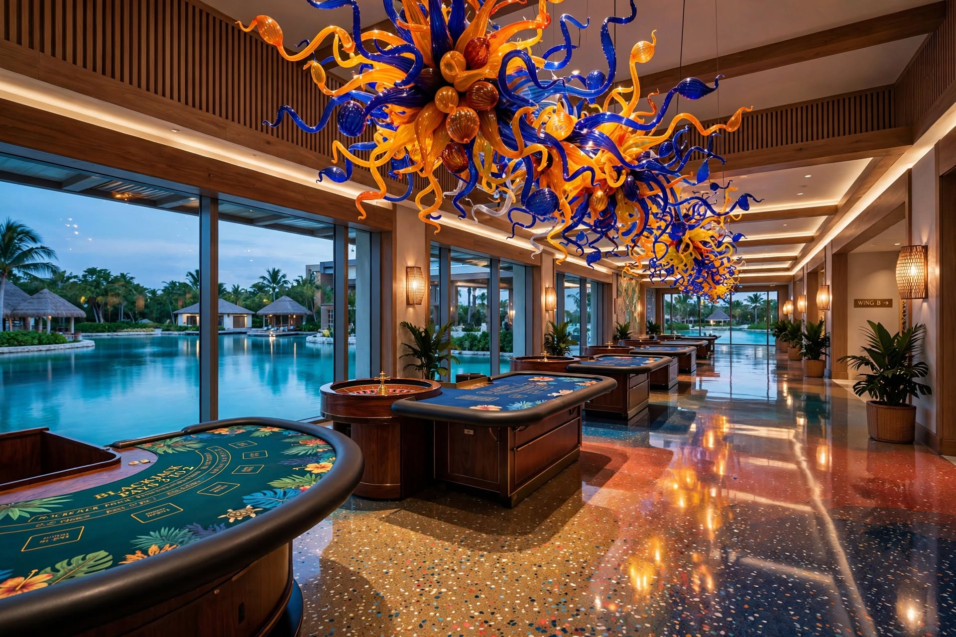 Atlantis casino gaming tables under dramatic blown-glass Chihuly chandeliers