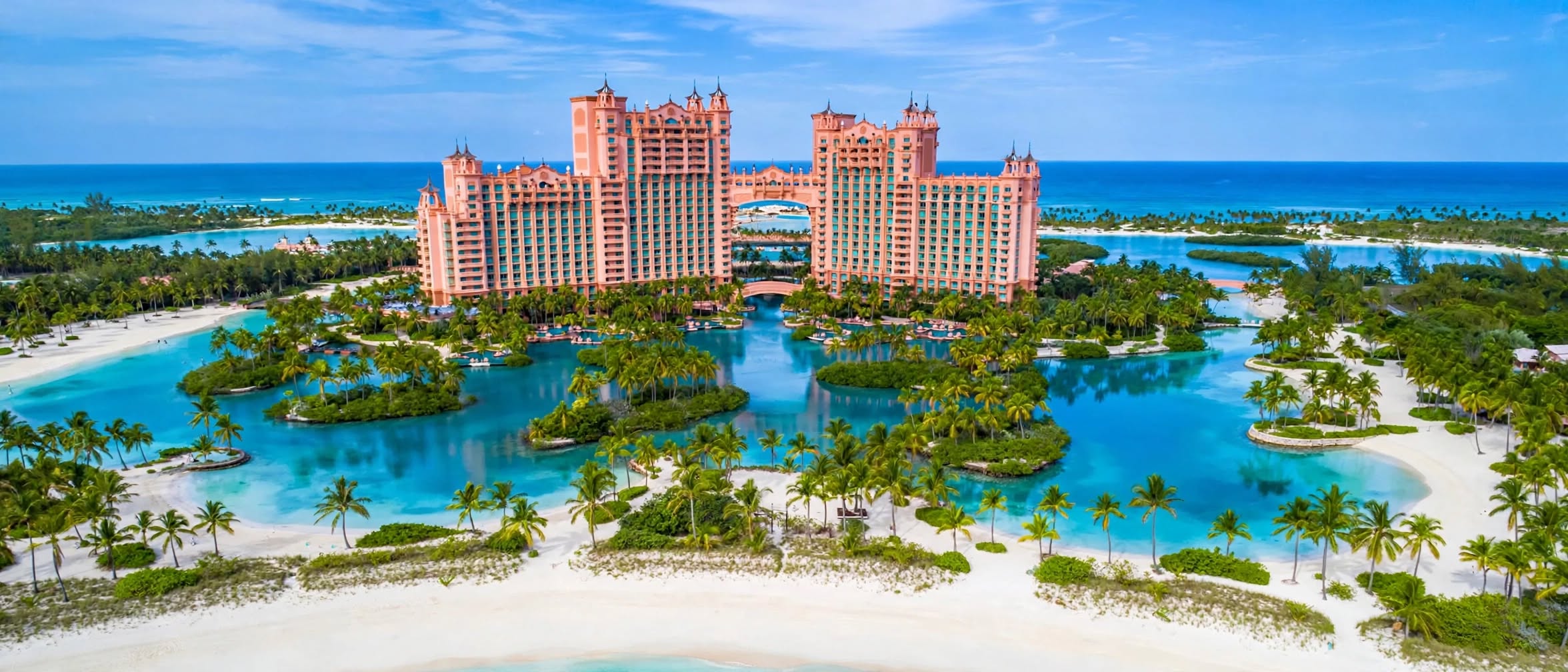 Atlantis Paradise Island iconic Royal towers across turquoise Caribbean waters