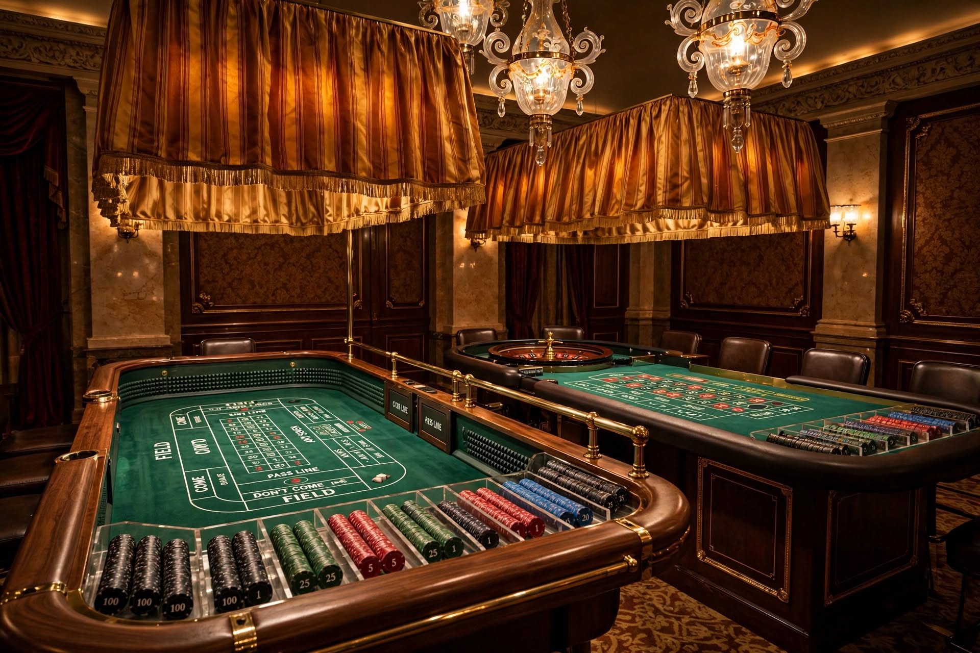 Bellagio casino gaming tables and striped canopy awnings under chandelier lighting