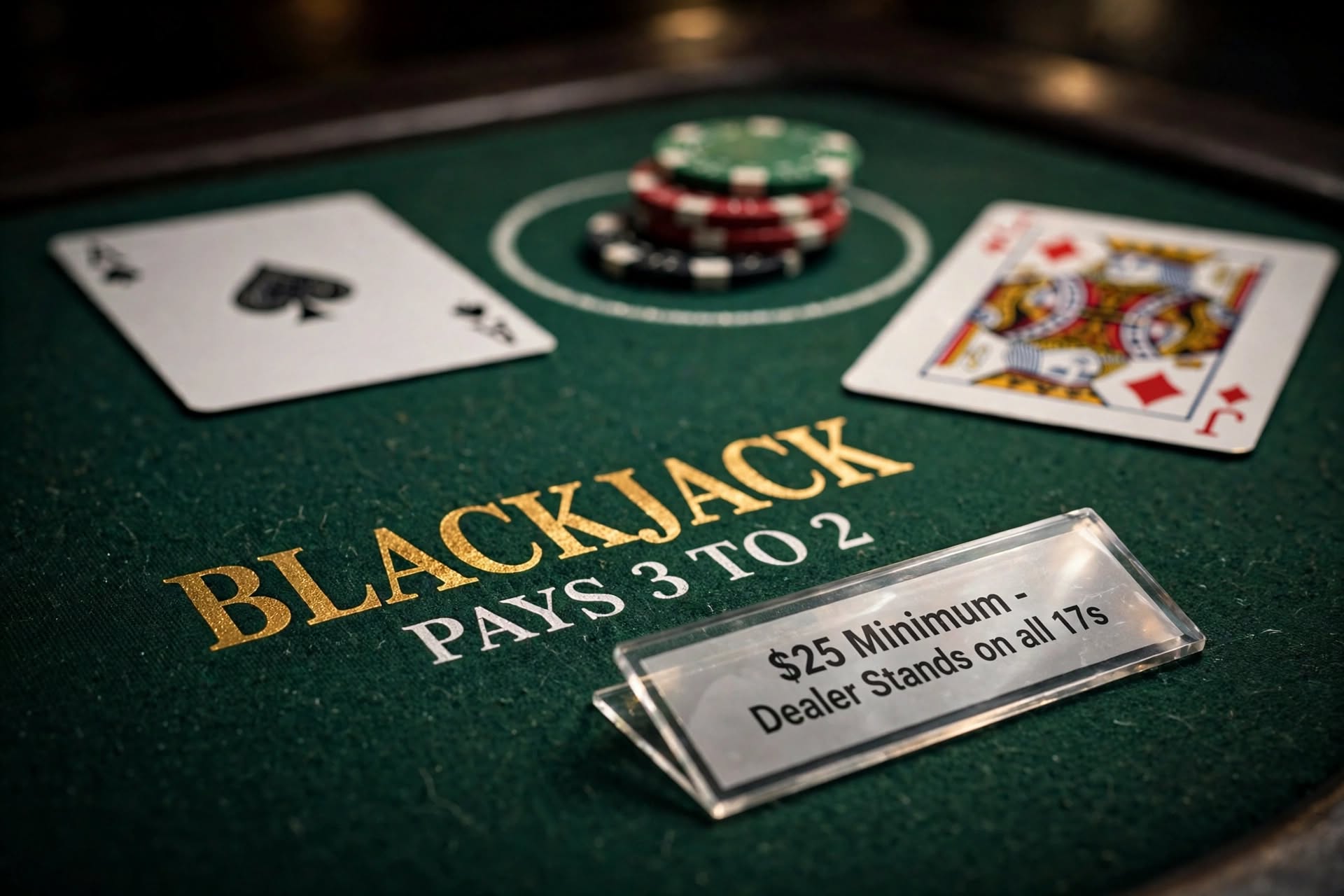 Blackjack table felt with printed 3 to 2 payout rules and cards dealt