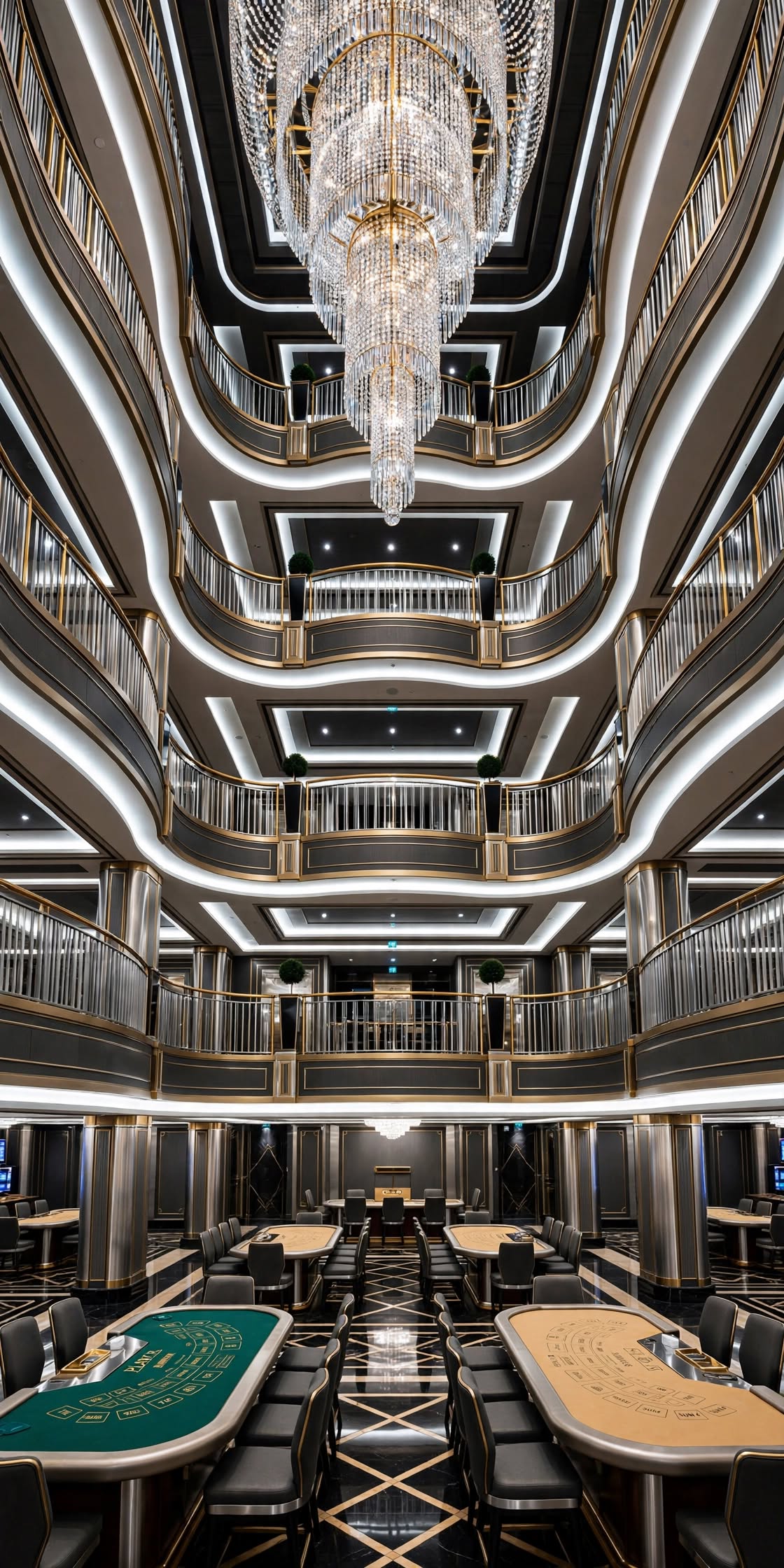 Marina Bay Sands grand casino atrium chandelier and multi-tier gaming levels