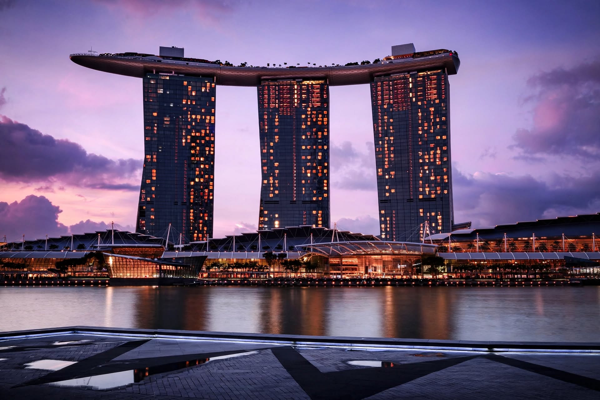 Marina Bay Sands three architectural towers and SkyPark bridge in Singapore