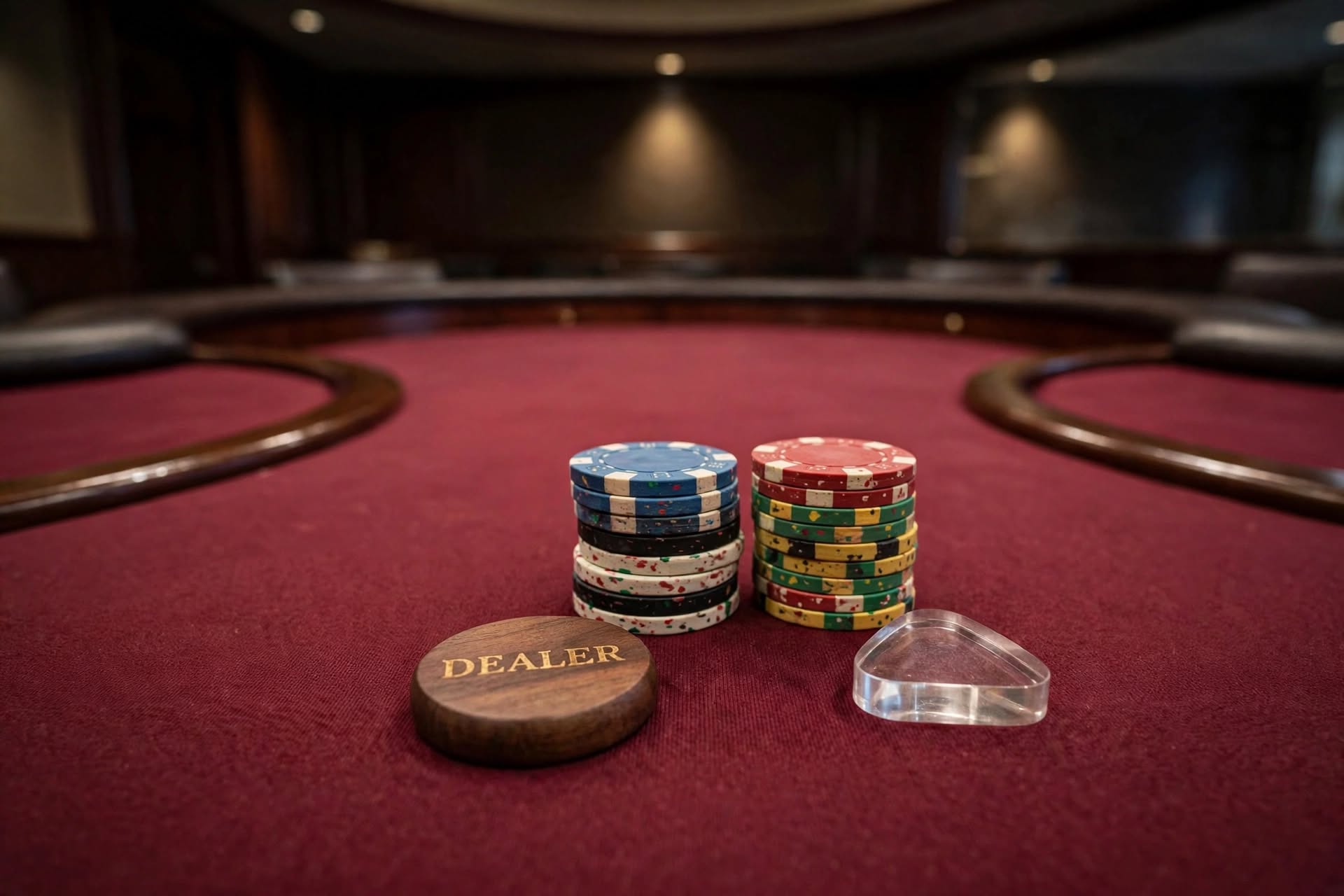 Casino poker room chip stacks and dealer card placement