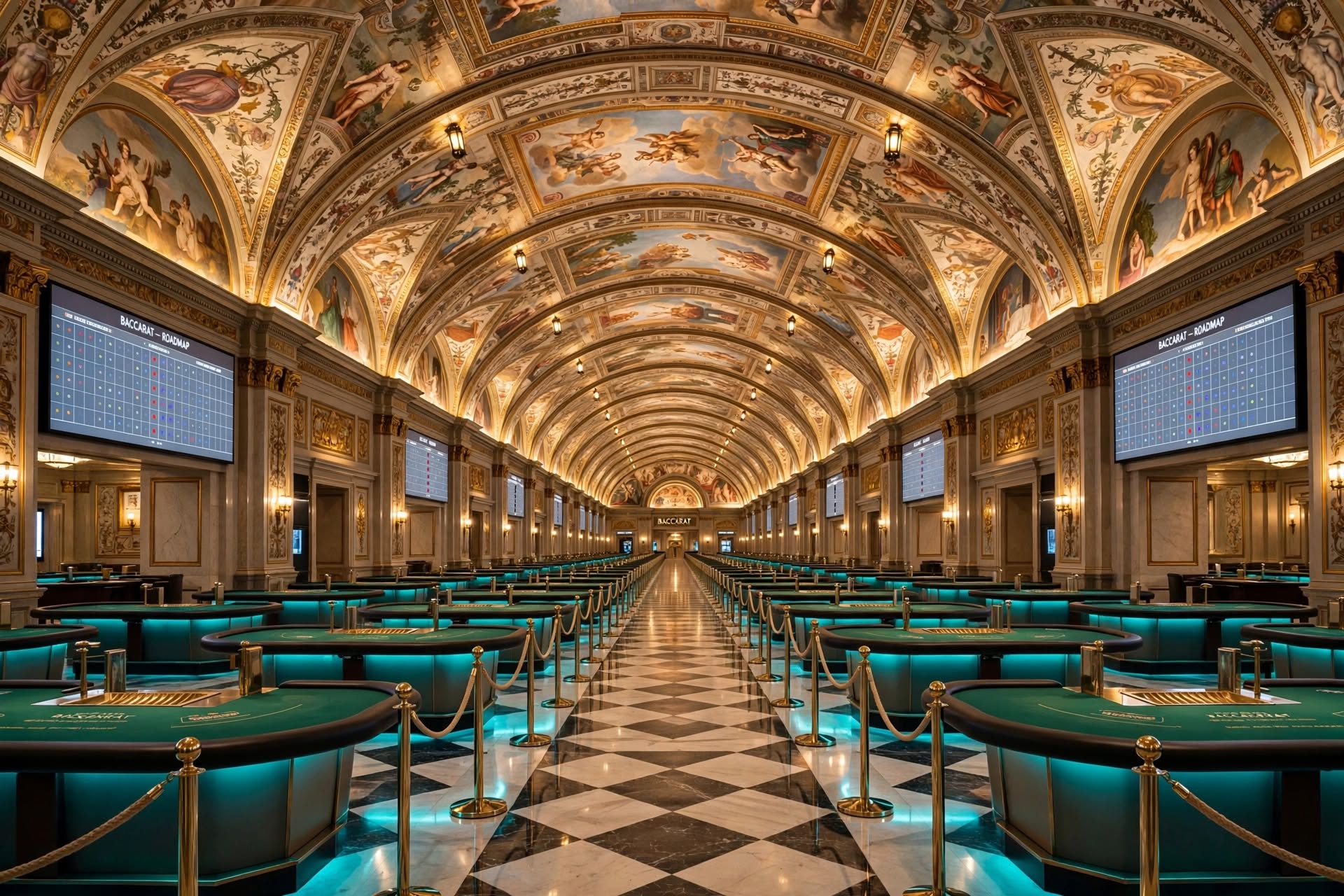 The Venetian Macao vast casino floor filled with baccarat tables under Renaissance murals